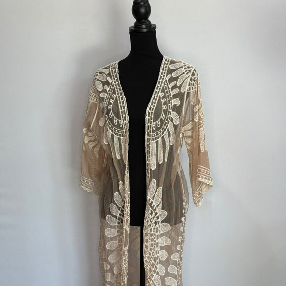 Tops - Beige Sheer Lace Duster With Intricate Embroidery Open Front Kimono Style Cover